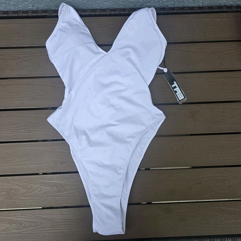 TA3 Plungy Hi Cut White Swimsuit 1 Piece Short Torso Corset Waist Swim Sz M NEW